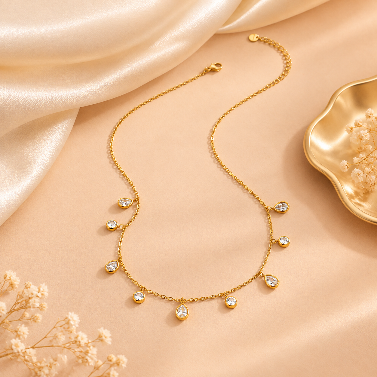 18K Gold Plated Zircon Water Droplet Charms Necklace
