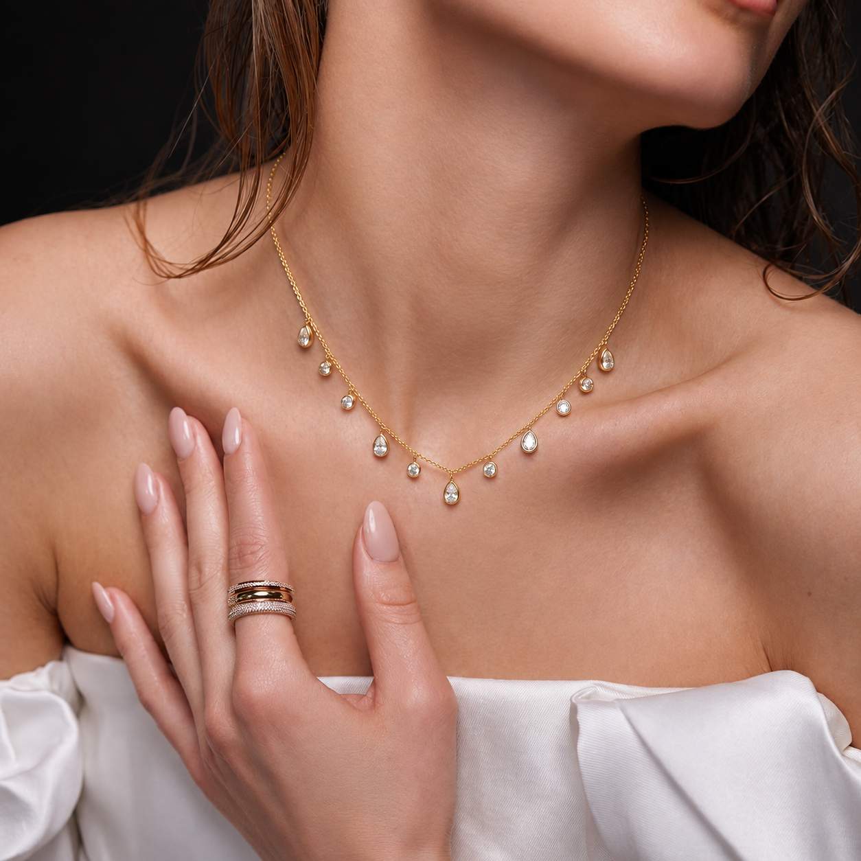18K Gold Plated Zircon Water Droplet Charms Necklace