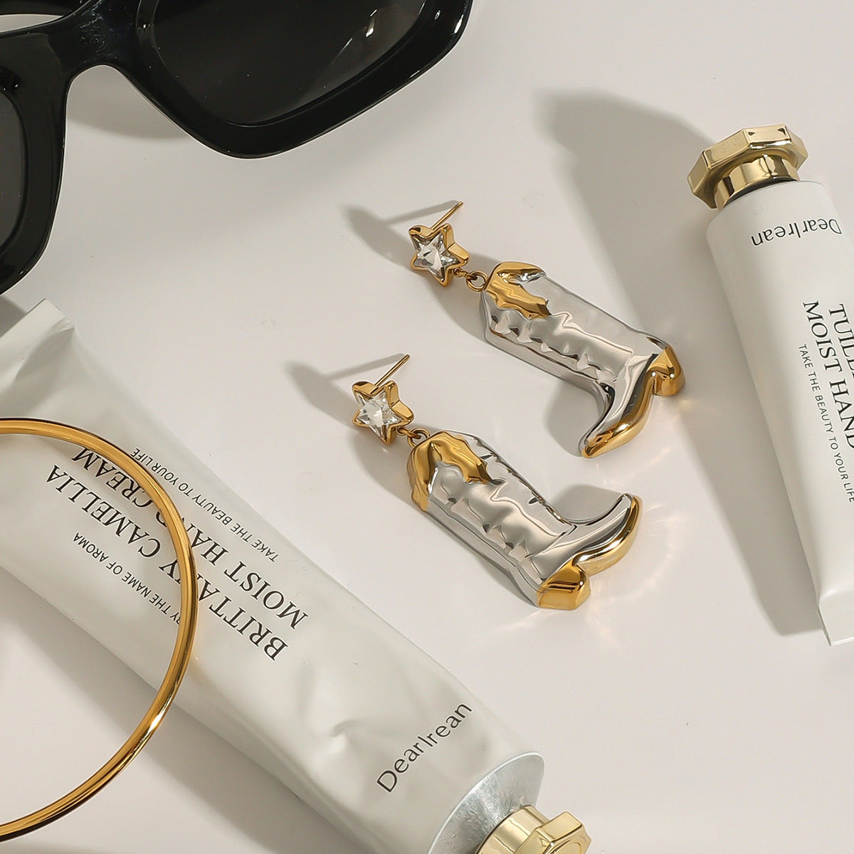 18k Gold Plated PVD Two Tone Star Western Cowboy Boot Earrings