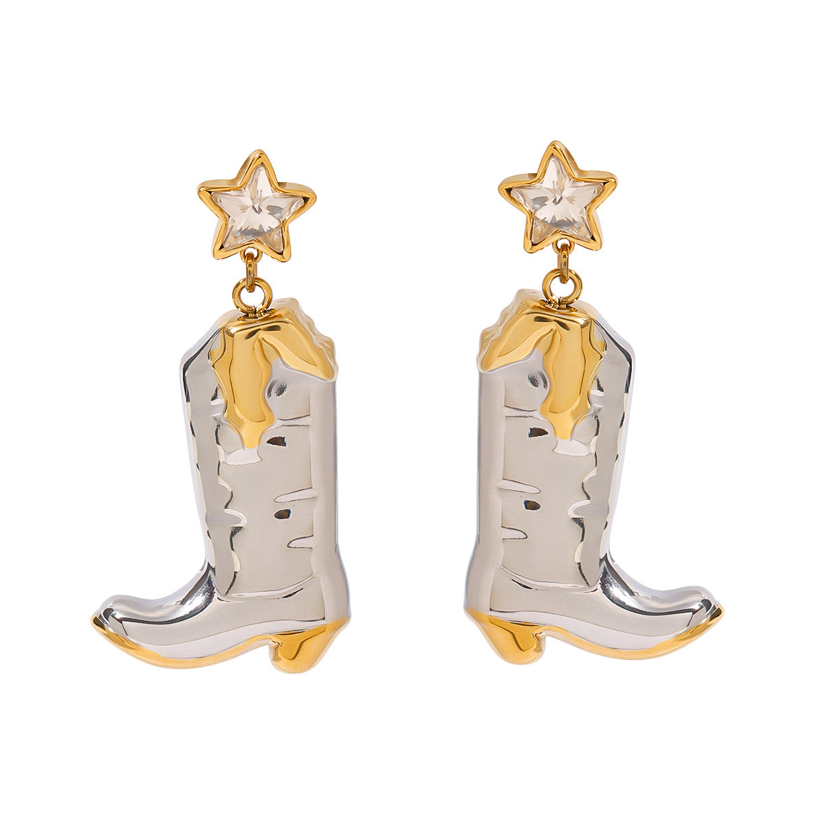 18k Gold Plated PVD Two Tone Star Western Cowboy Boot Earrings