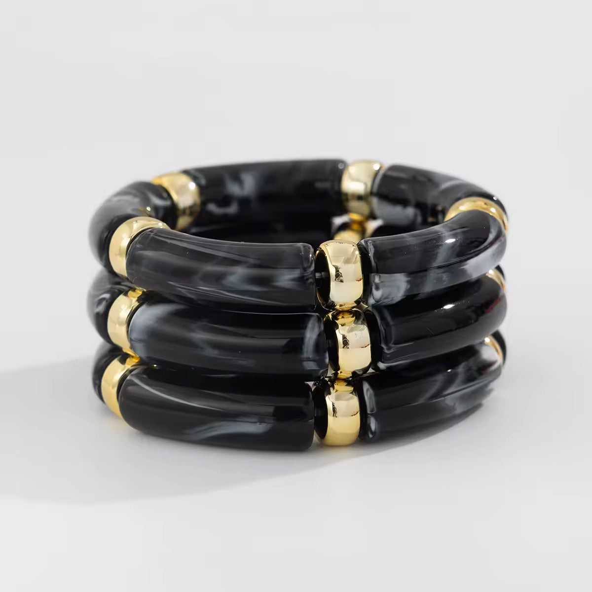 3pcs Boho-Chic Chunky Bamboo Tube Bead Bangles - Stretchable(Black)