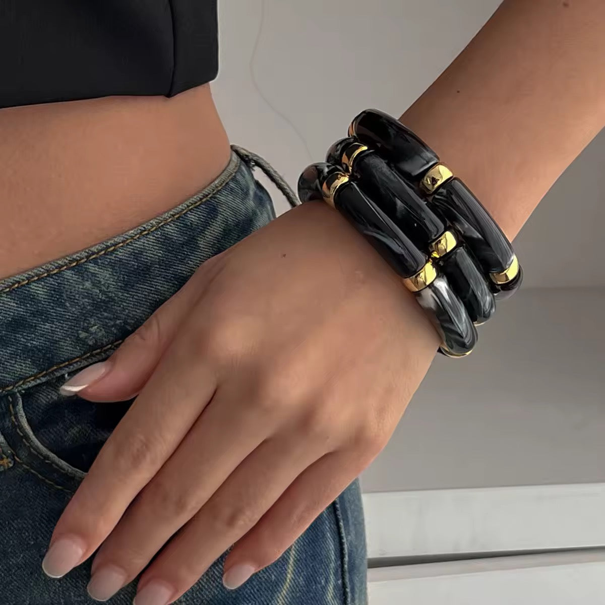 3pcs Boho-Chic Chunky Bamboo Tube Bead Bangles - Stretchable(Black)