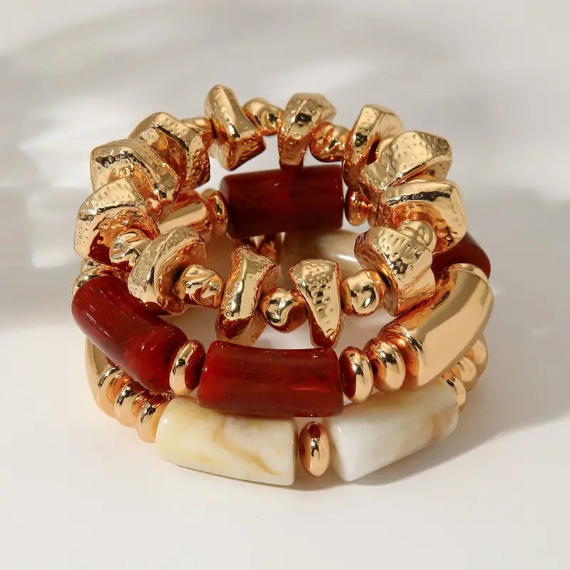 3pcs Fashionable Retro Multi-layer Brown Acrylic Beaded Bracelet