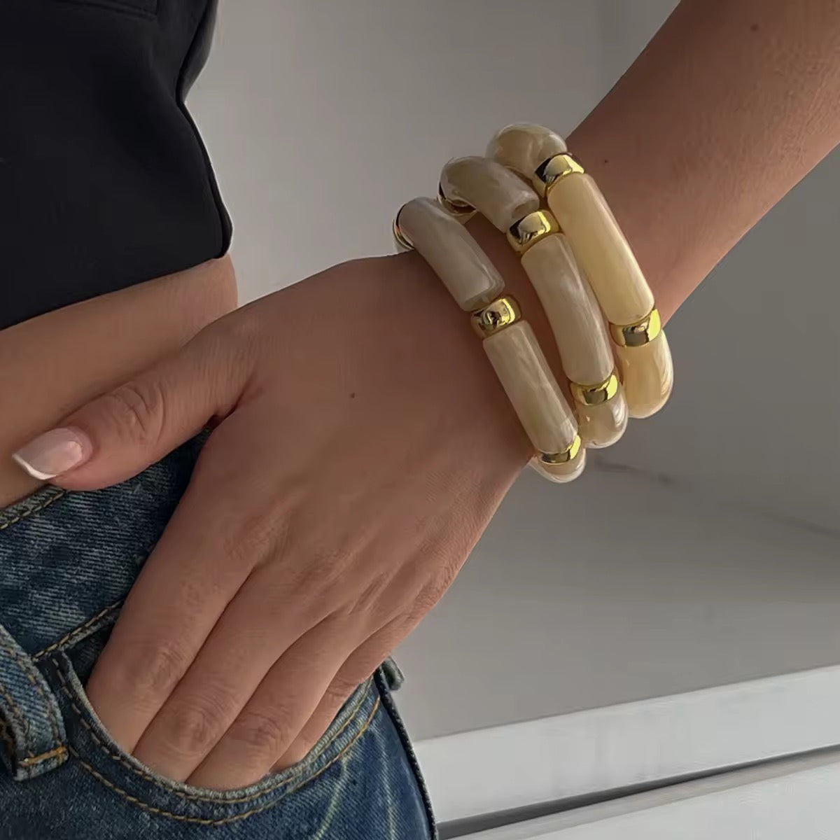 3pcs Vintage Acrylic Bamboo Bead Stackable Elastic Bracelets