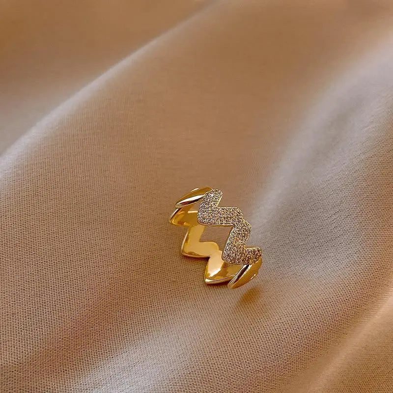 Heart-Shaped Gold Plated Adjustable Ring, Glitter Textured Design