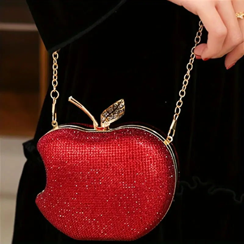 Apple-Shaped Evening Clutch Bag with Beaded Rhinestone Embellishment
