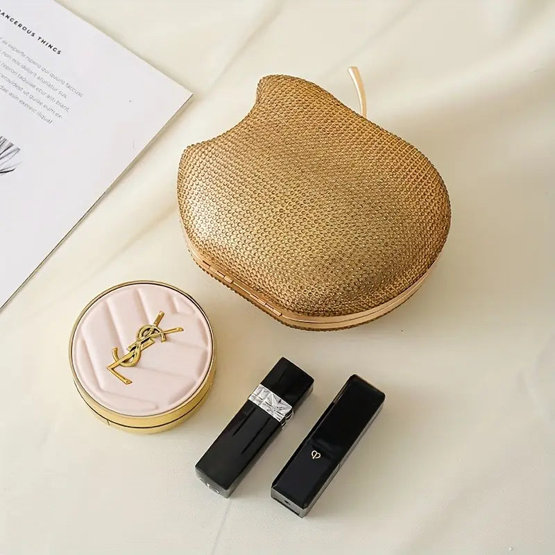 Golden Metal Apple-Shaped Evening Clutch with Rhinestone Embellishments