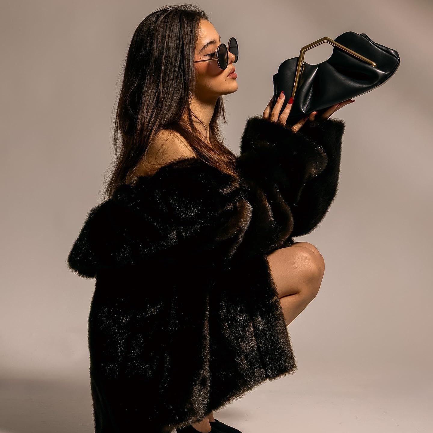 Black PU Leather Pleated Evening Clutch Bag for Women