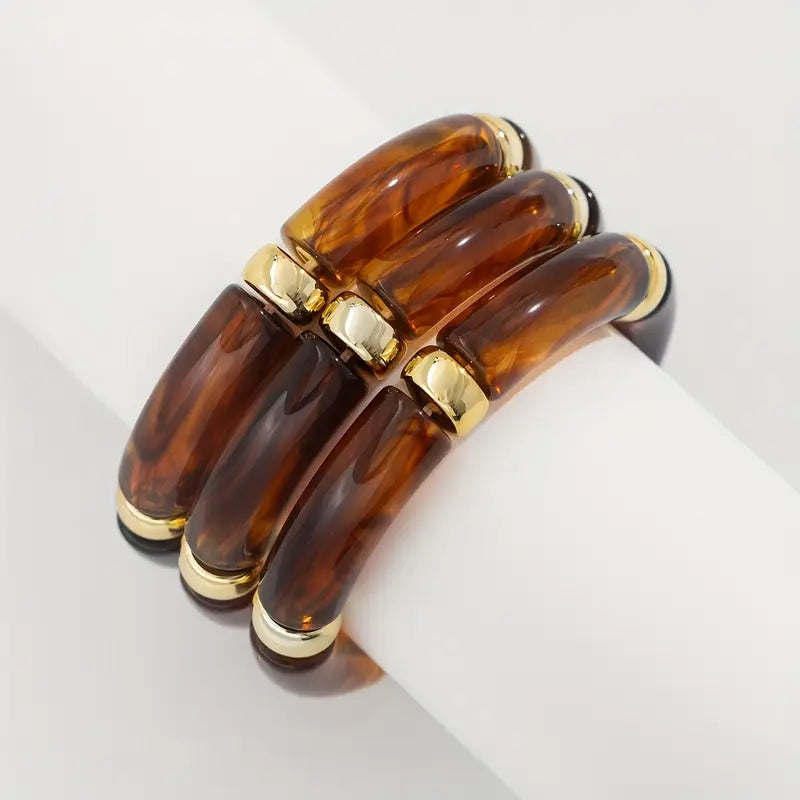 3pcs Boho-Chic Chunky Bamboo Tube Bead Bangles - Stretchable