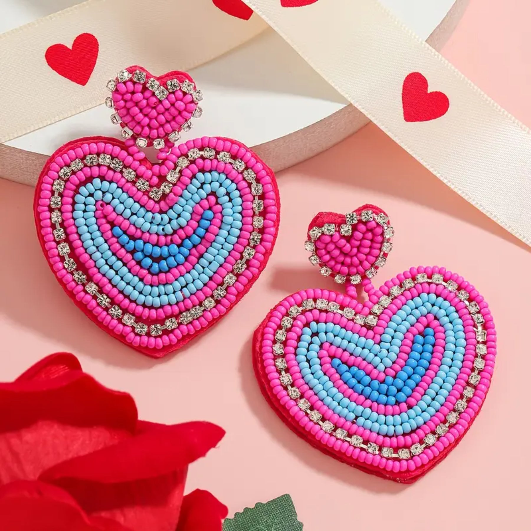 Beaded Heart Statement Earrings Double Heart Drop Style