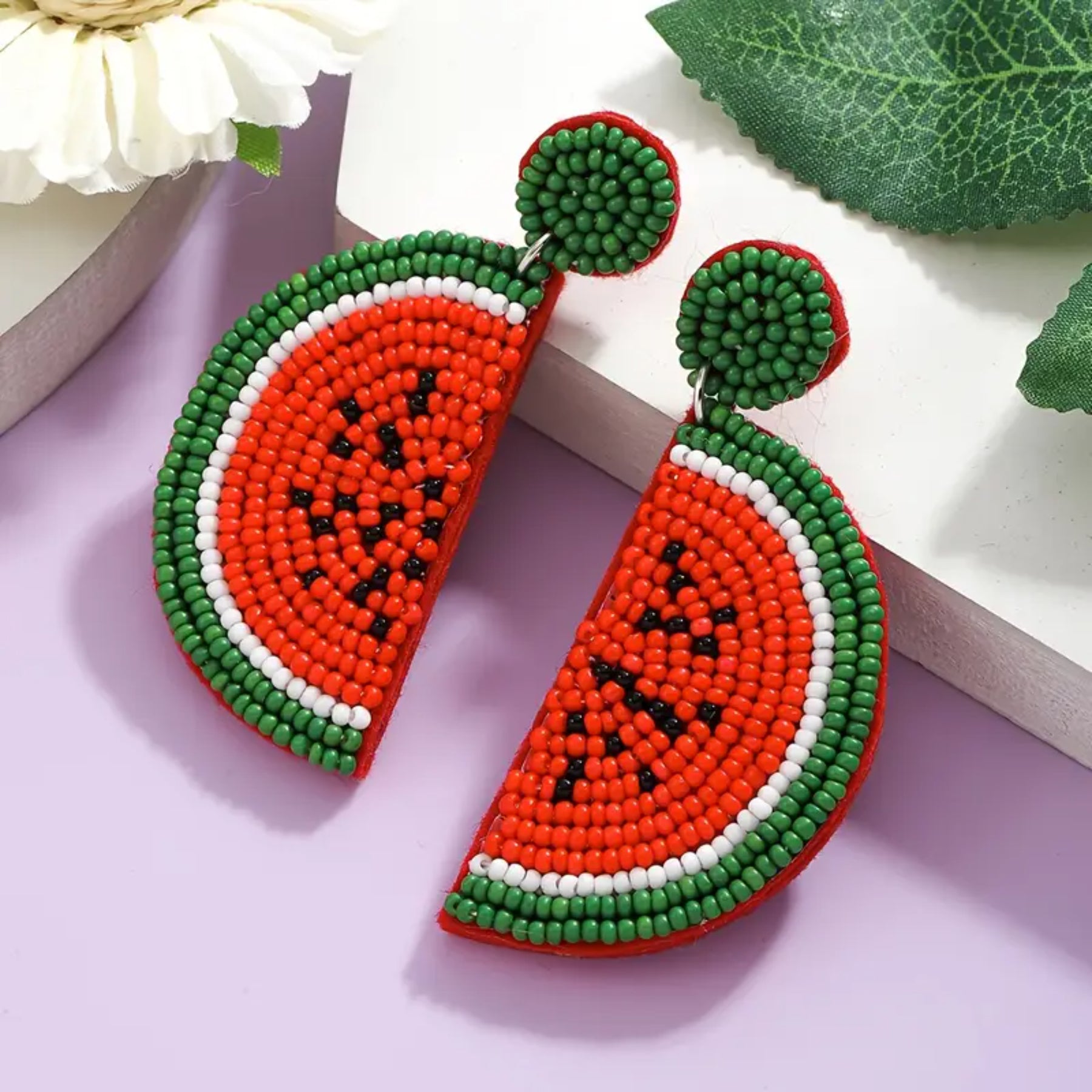 Bohemian Handmade Beaded Watermelon Slice Fruit Earrings for Women