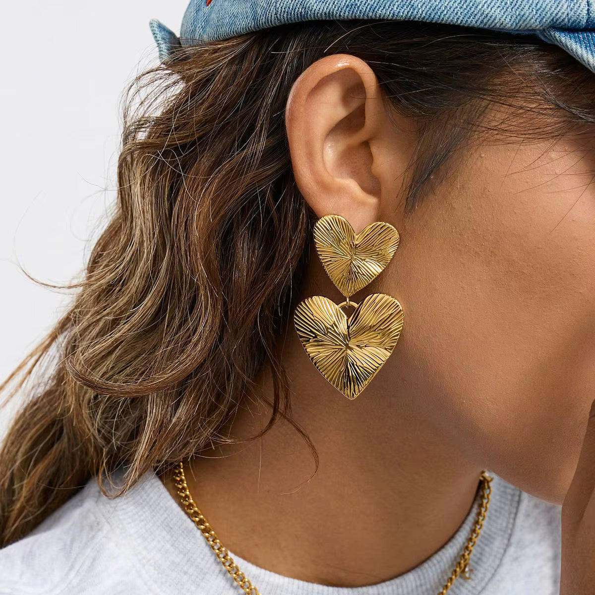 18K Gold Plated Ribbed Big Heart Pendant Earrings