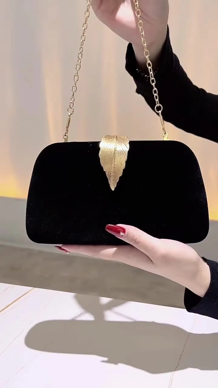 Black Velvet Gold Leaf Evening Clutch Bag