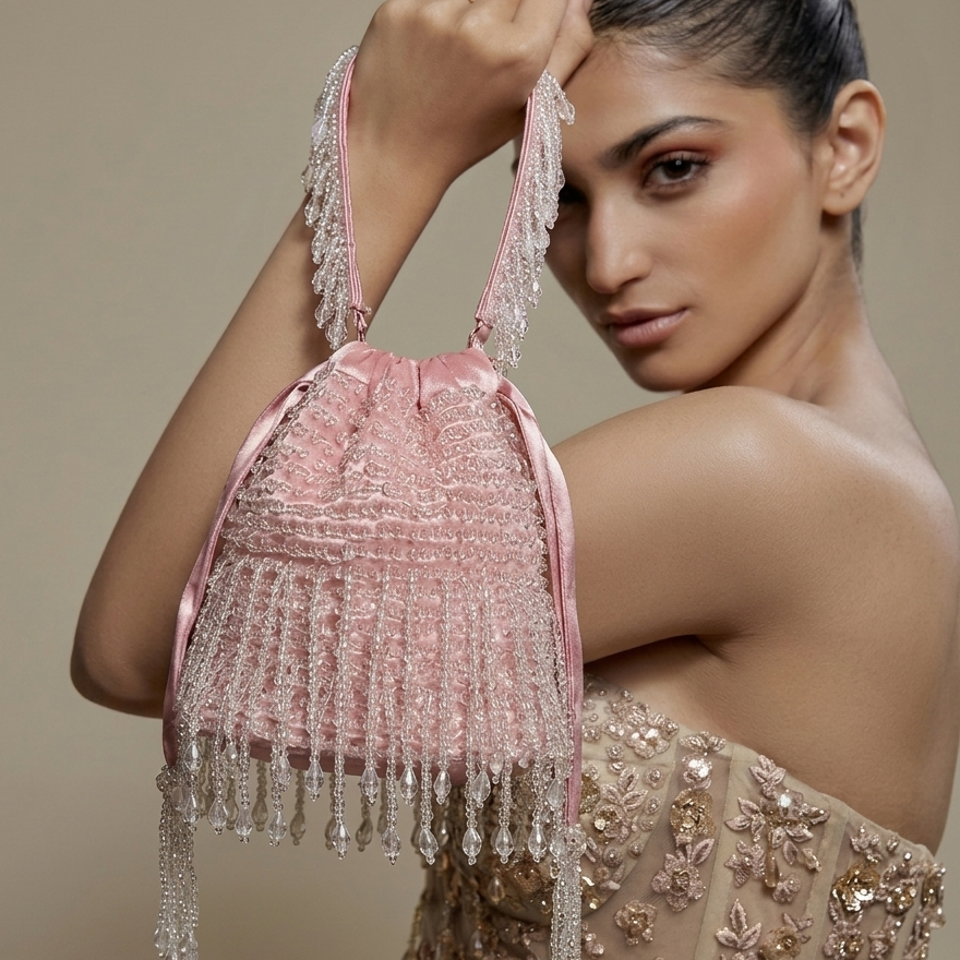 Handcrafted Blush Pink Crystal-Beaded Potli Bag with Ornate Tassels