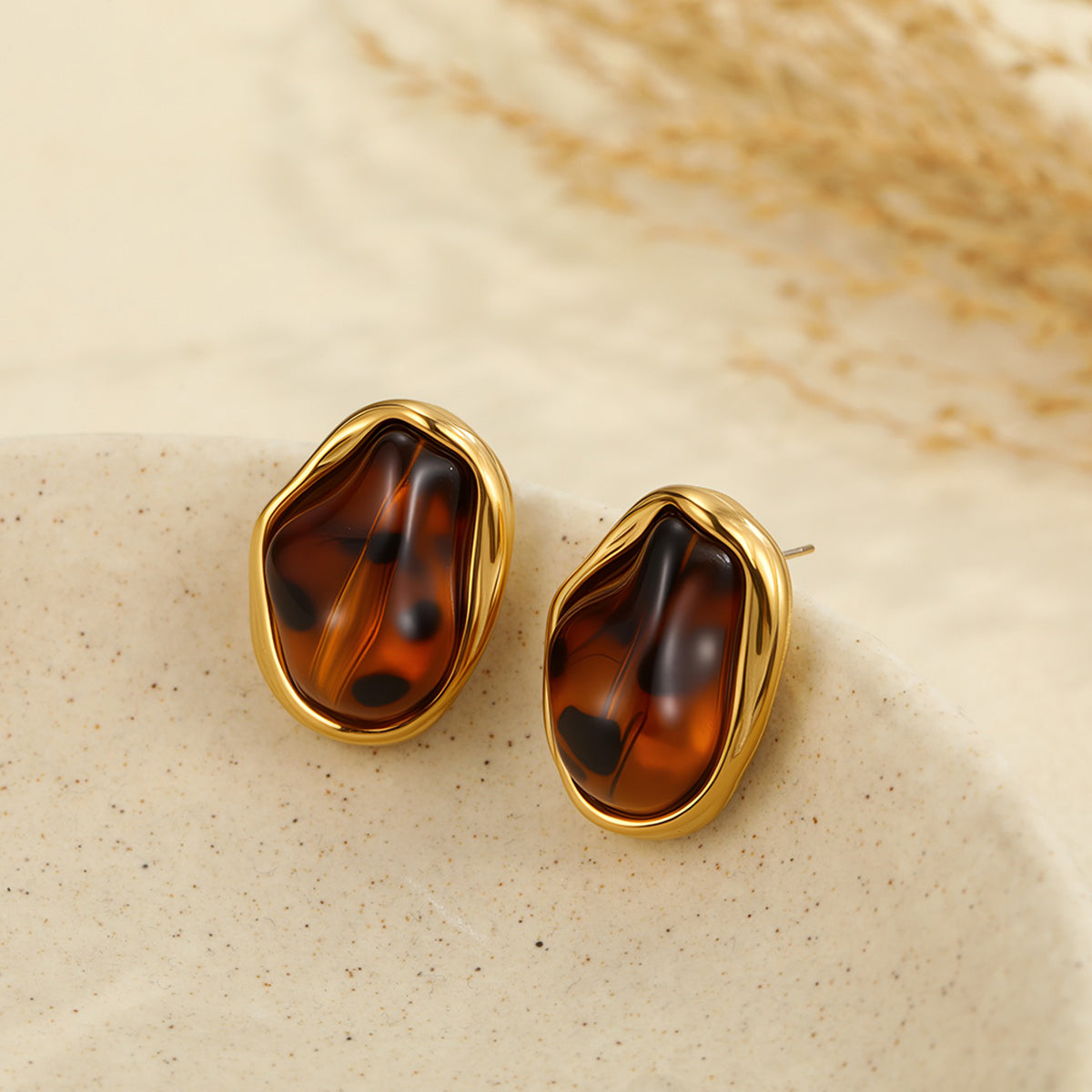 18k Gold Plated Brown Leopard Resin Drop Earrings for Women