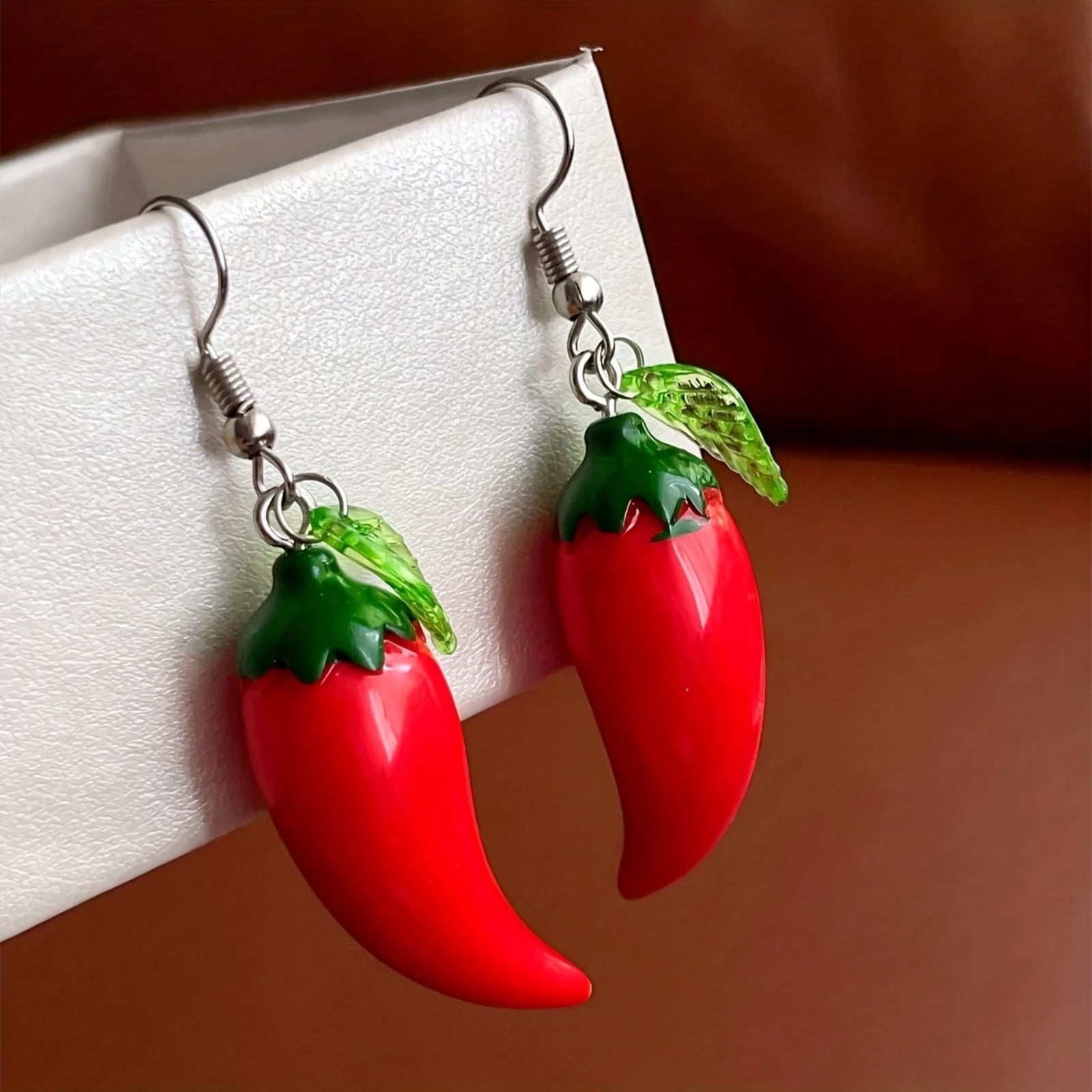 Chic Red Chili & Green Leaf Dangle Earrings-Resin