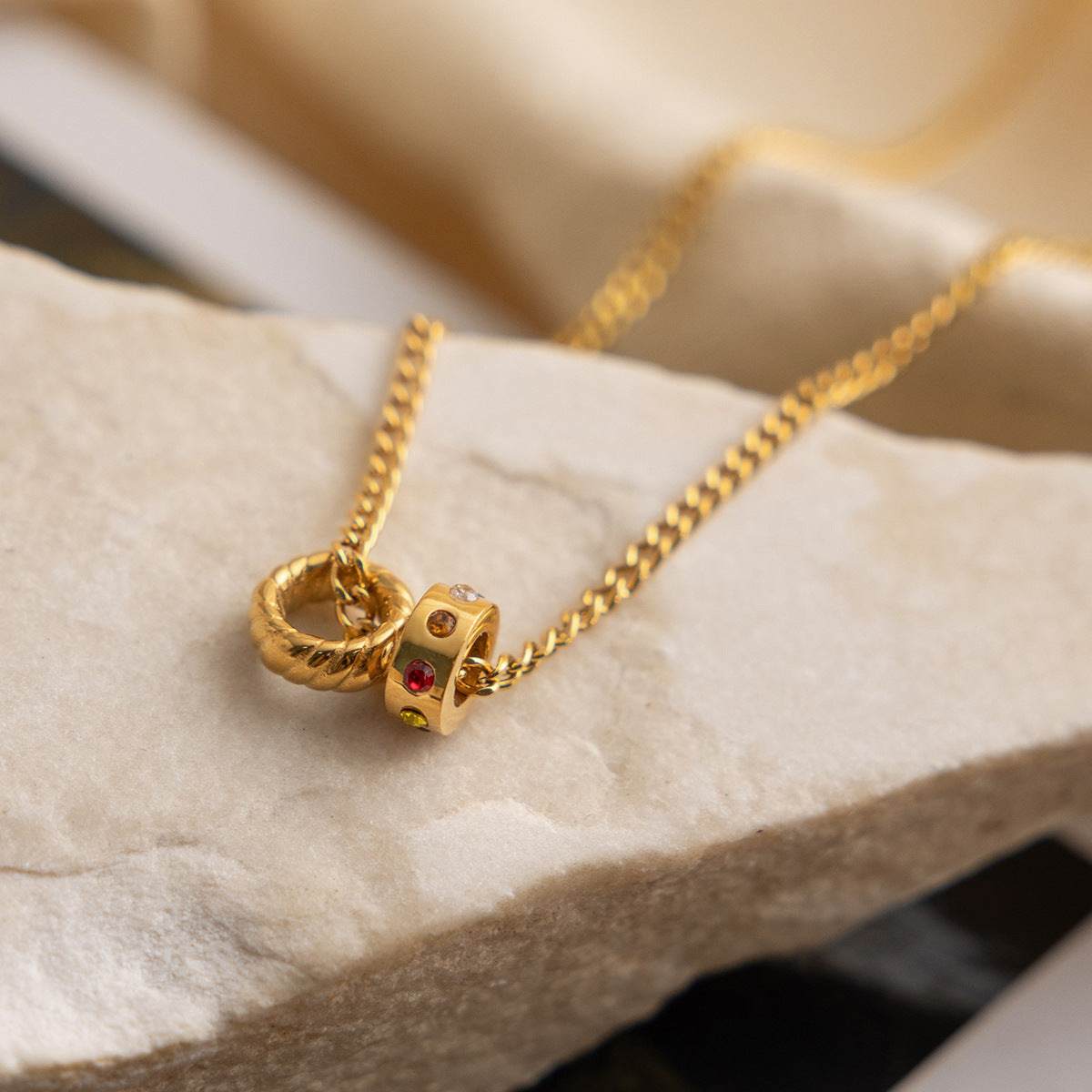 Seraphina 18K Gold Plated Colourful Crystal Halo Dual-Ring Charm Necklace