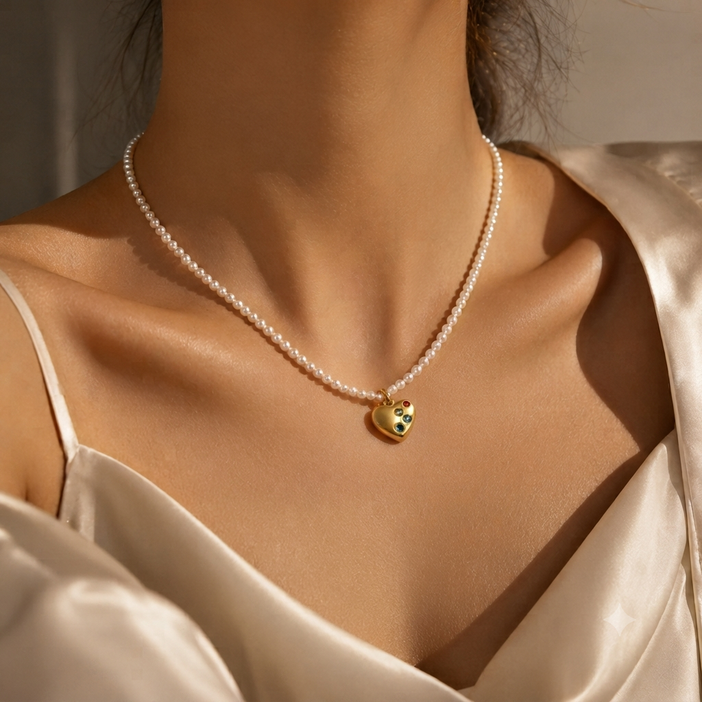 18k Gold Plated Dainty Pearl Beaded Necklace with Gold Heart Pendant & Crystal Accents