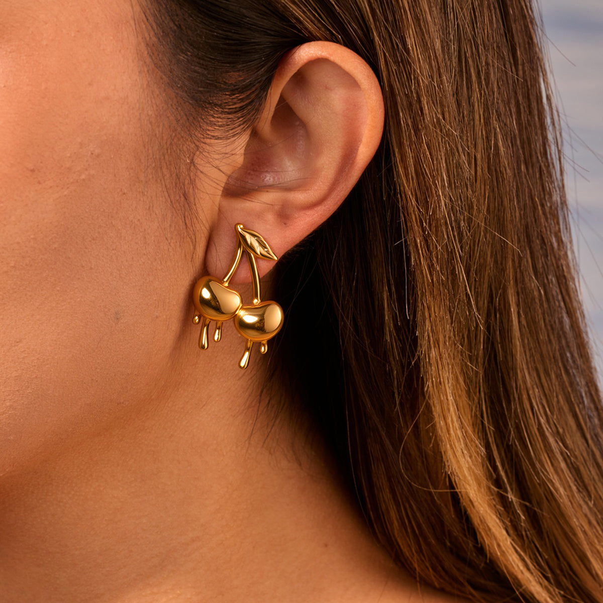 Funky 18K PVD Gold Plated Drip Cherry Stud Earrings