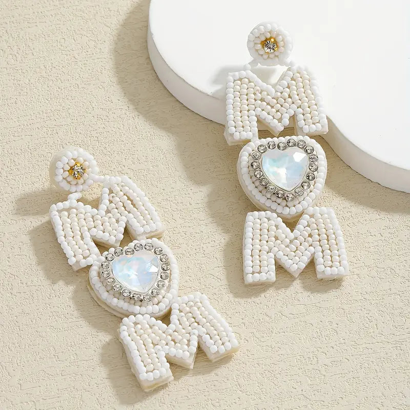 Handmade Bead Earrings for MOM Heart Design with white Beads