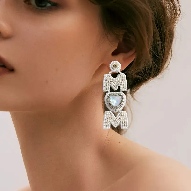 Handmade Bead Earrings for MOM Heart Design with white Beads