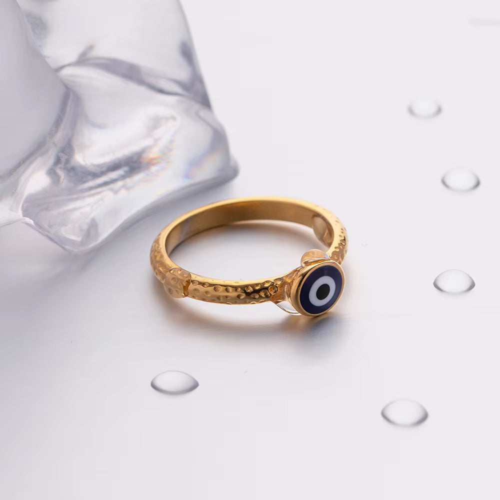 18K Gold Plated Thin Drip Oil Texture Enamel Evil Eyes Ring for Women