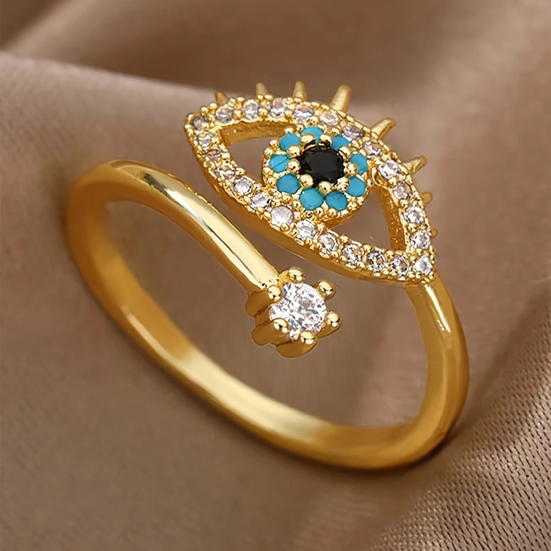 Gold Plated Evil Eye Adjustable Ring For Women