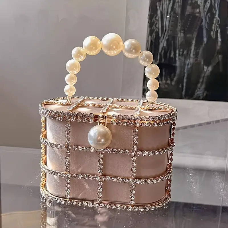 Elegant French Metal Basket Evening Bag With Crystal Faux Pearl