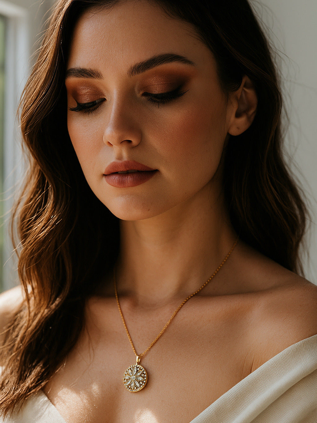 18k Gold Plated Floral Medallion Necklace - Marquise Crystal Pendant