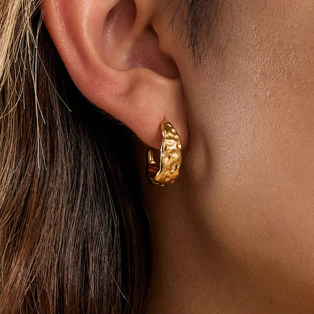 18K Gold Plated Classic Minimalist Hammer Tone Hoop Earring