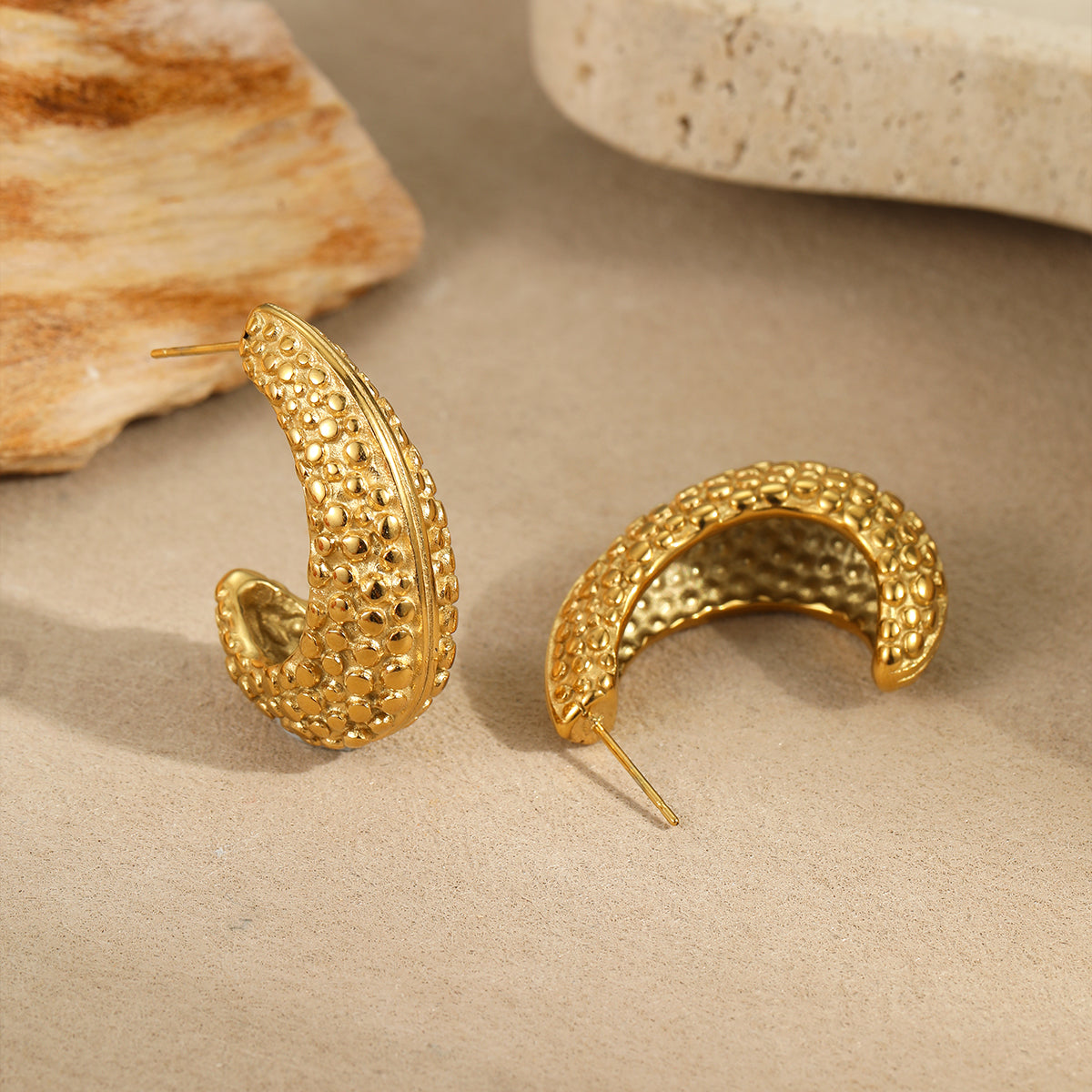Chunky 18K Gold Plated Hammered C-Shape Earrings for Women