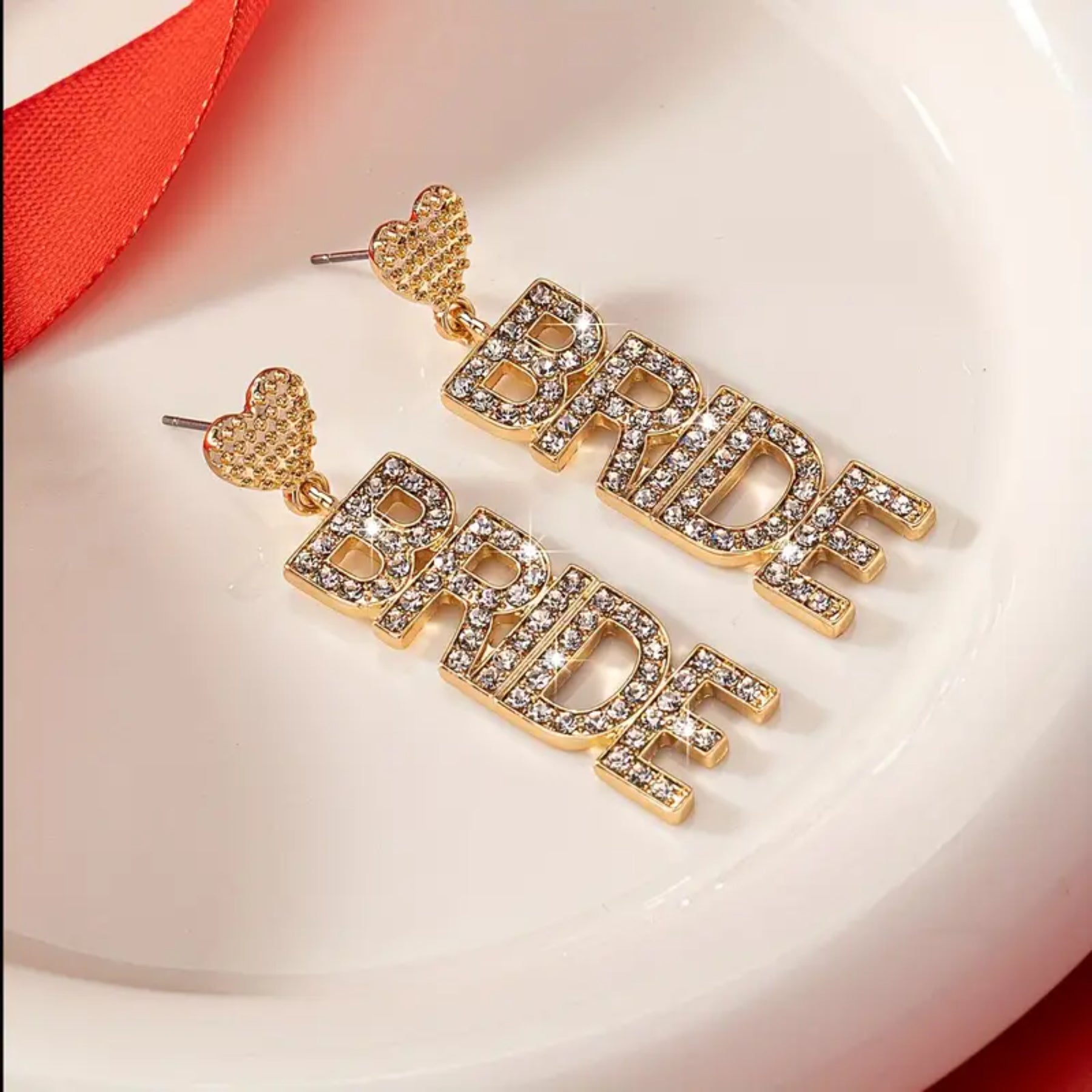 Dazzling Heart-Shaped "Bride" Dangle Earrings - Paved Rhinestones