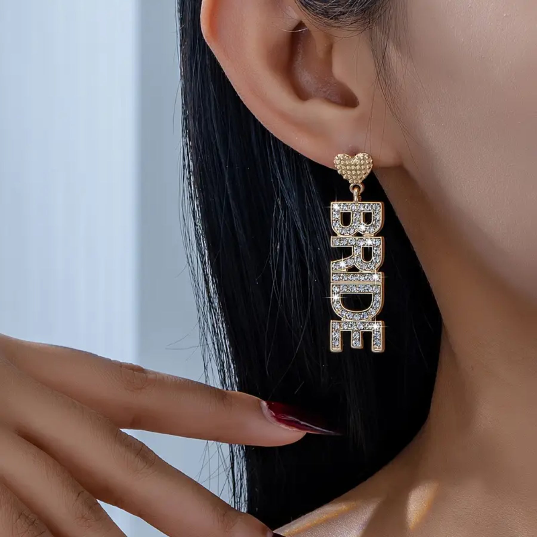 Dazzling Heart-Shaped "Bride" Dangle Earrings - Paved Rhinestones