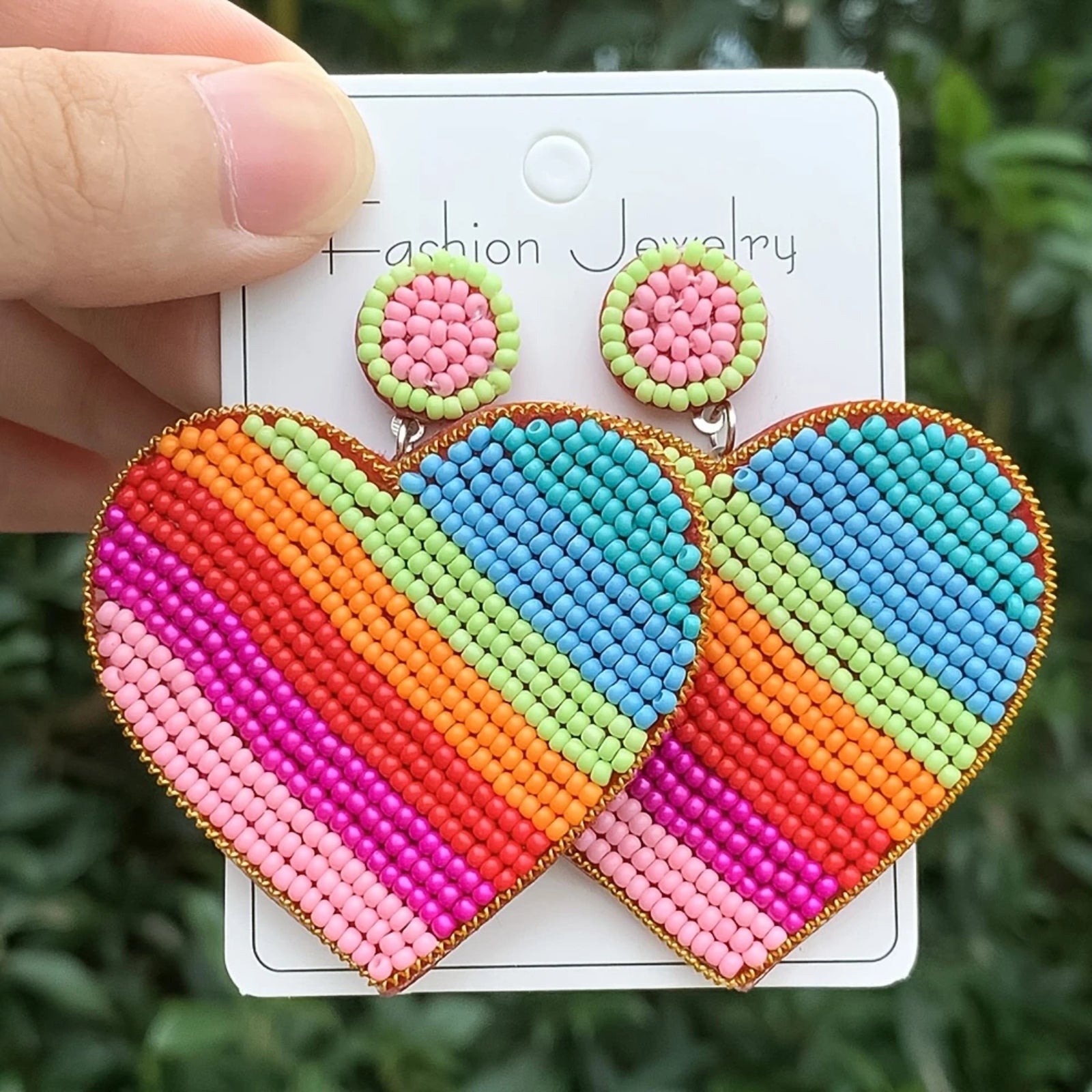 Bohemian Style Rainbow Beaded Heart Drop Earrings