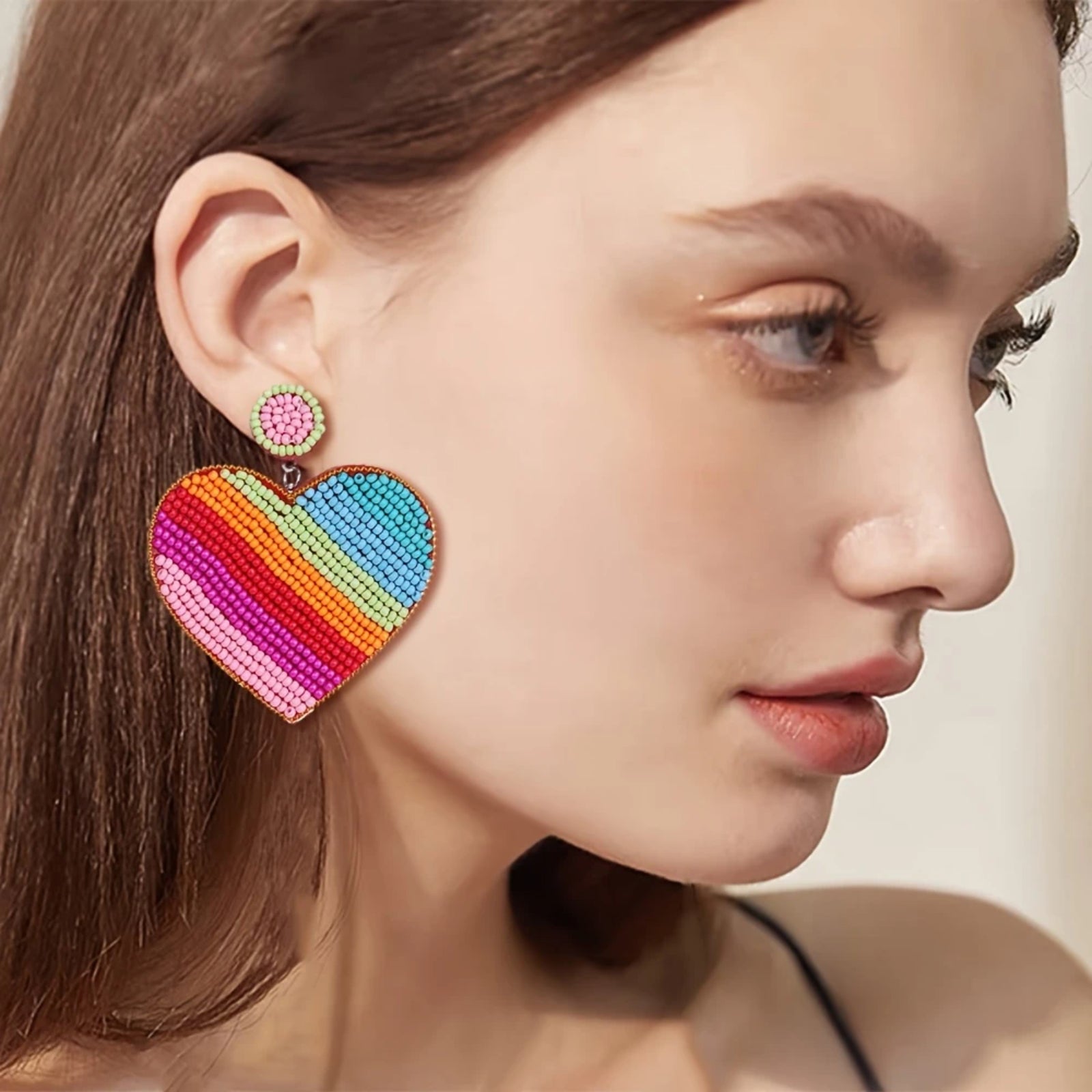 Bohemian Style Rainbow Beaded Heart Drop Earrings