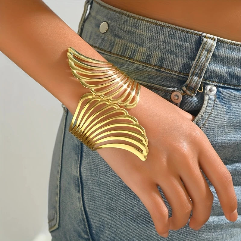 Exaggerated Hollow Wings Cuff Bangle Elegant Alloy Bracelet