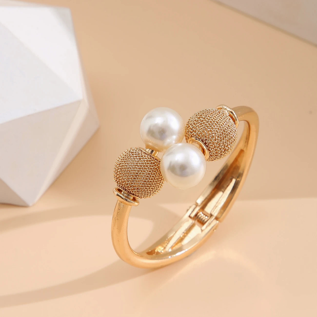 One Exaggerated Large Pearl Open Bangle Bracelet Golden