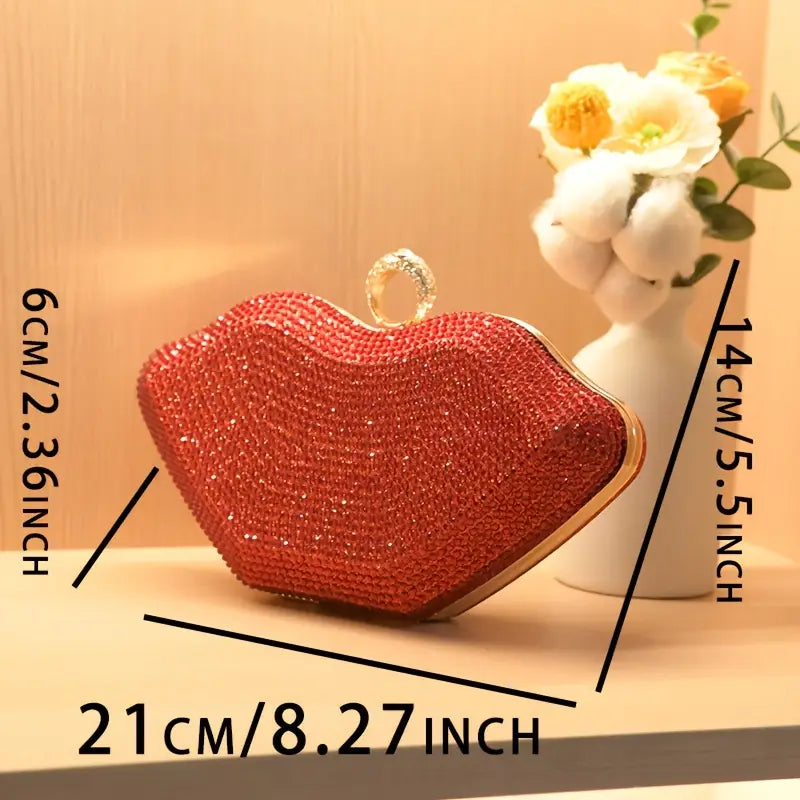 Vintage-Inspired Red Rhinestone Lip-Shaped Clutch with Metal Chain Strap