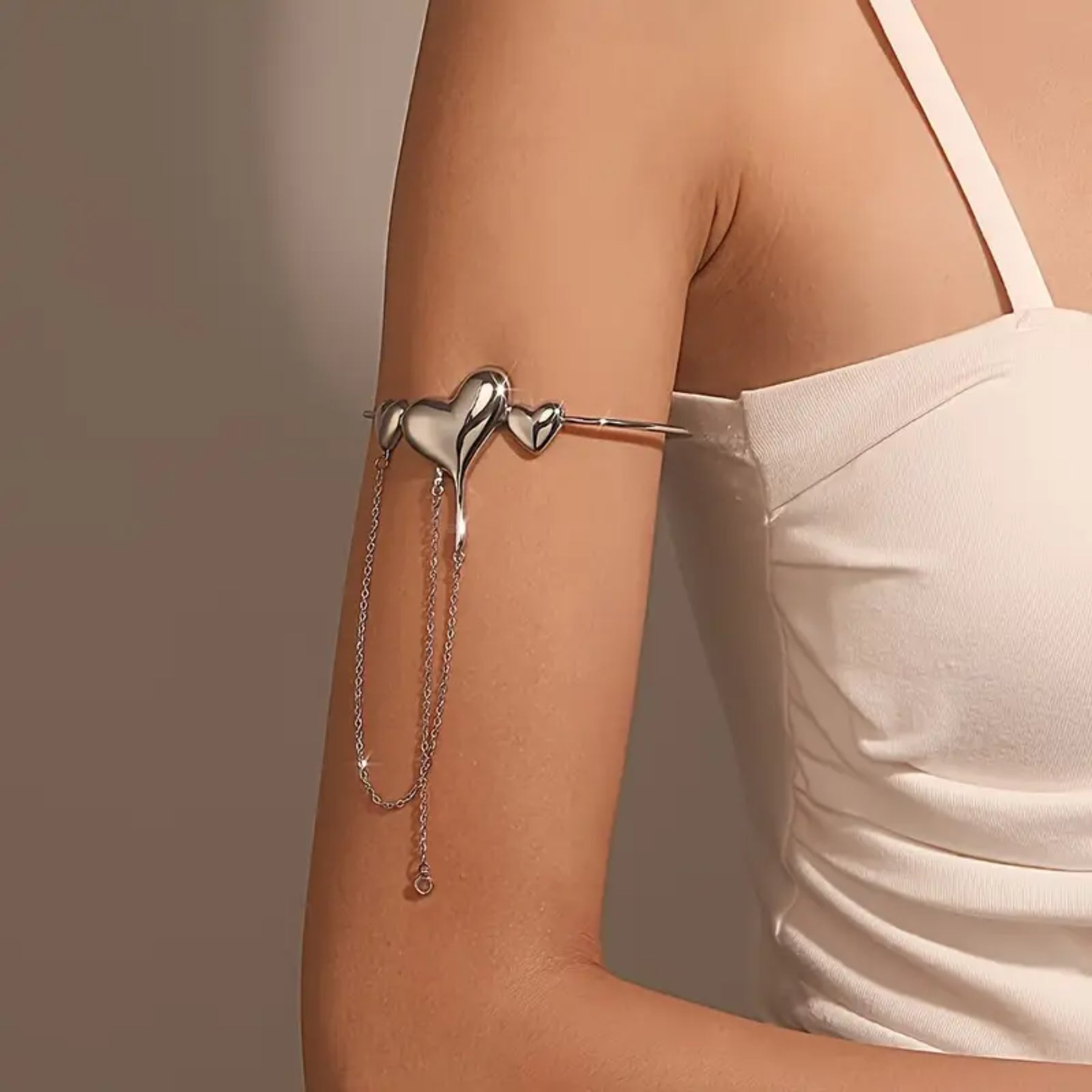 Sterling Silver Heart Arm Cuff Bracelet with Dangling Chains, Adjustable 1pc