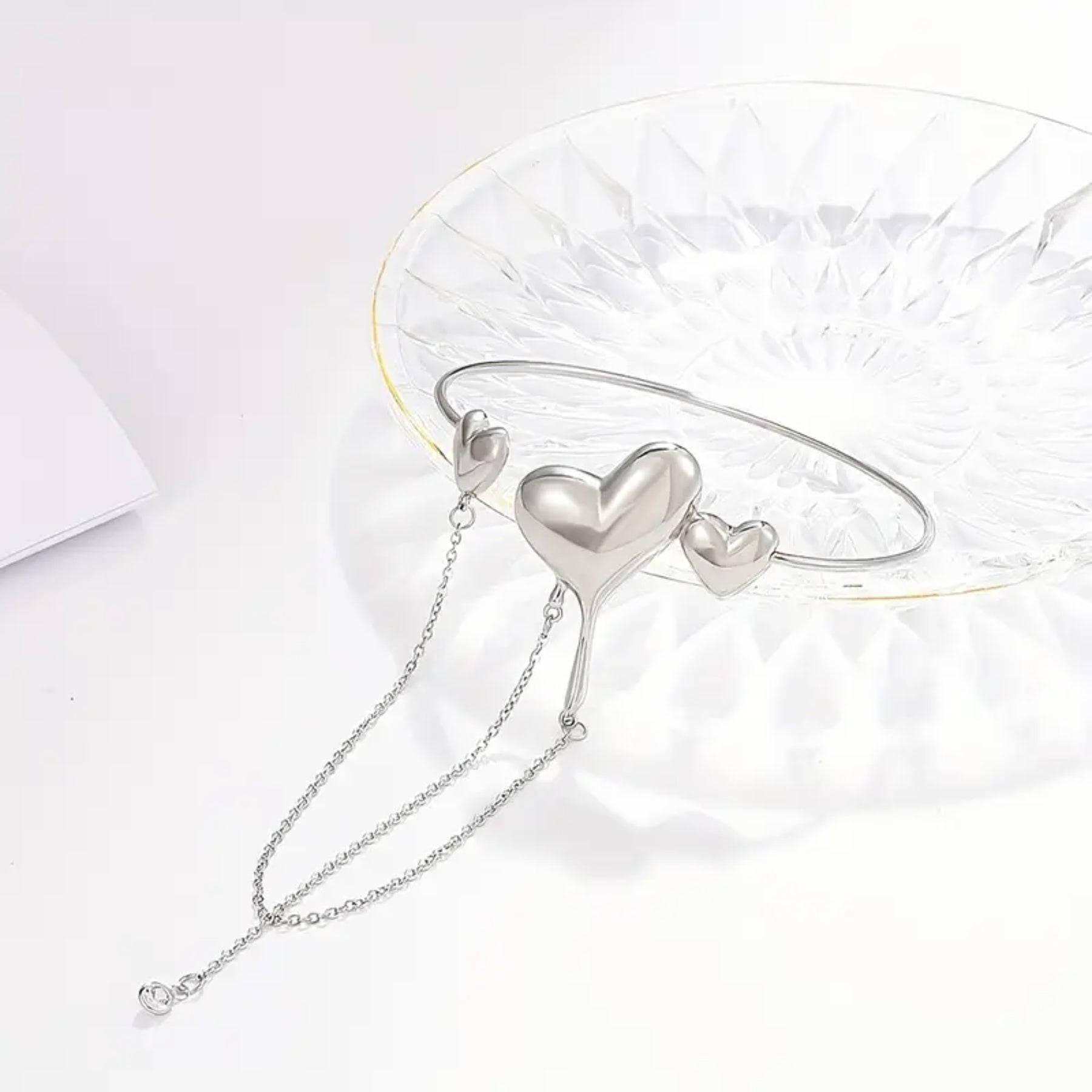 Sterling Silver Heart Arm Cuff Bracelet with Dangling Chains, Adjustable 1pc