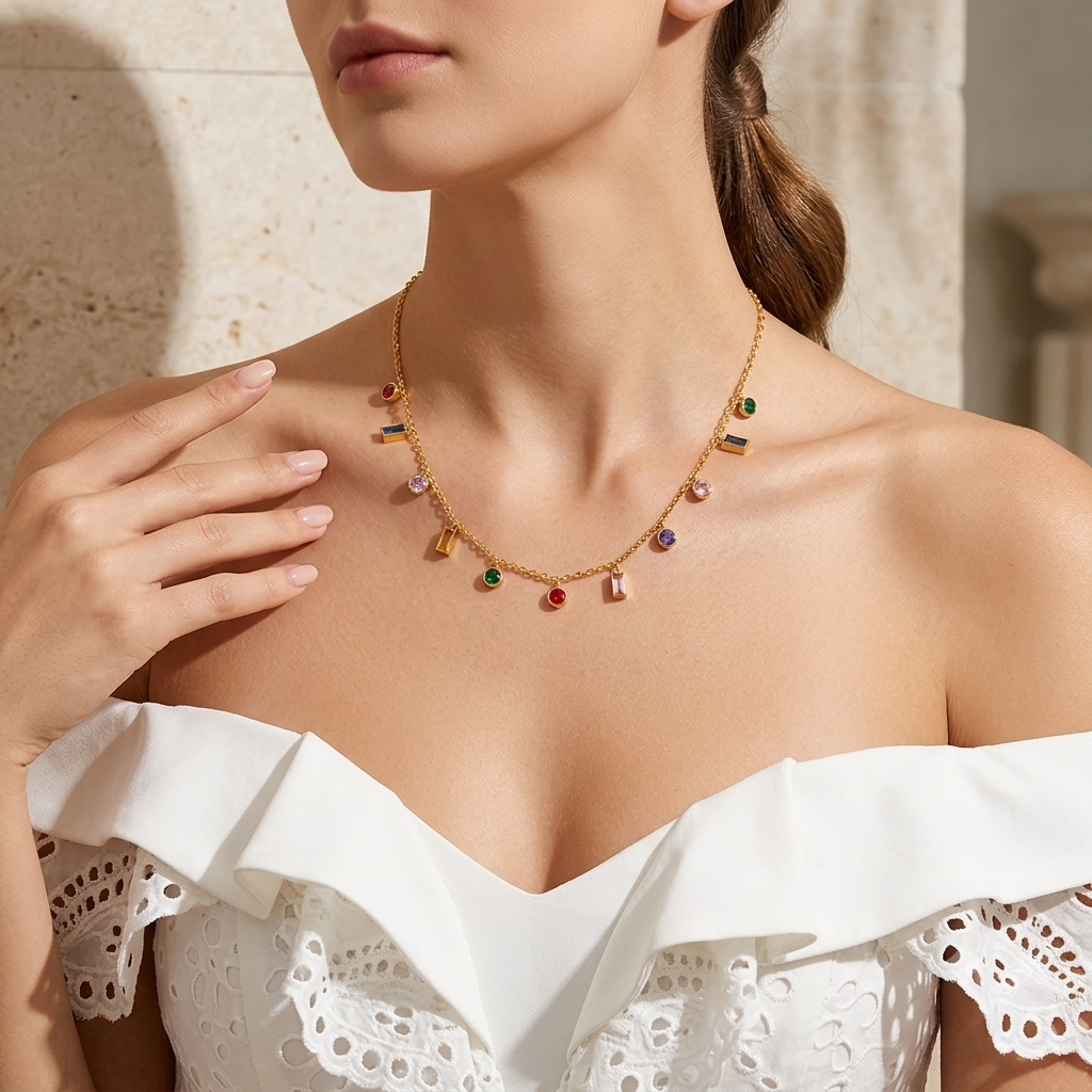 18K Gold Plated Multi-Color Crystal Zircon Necklace