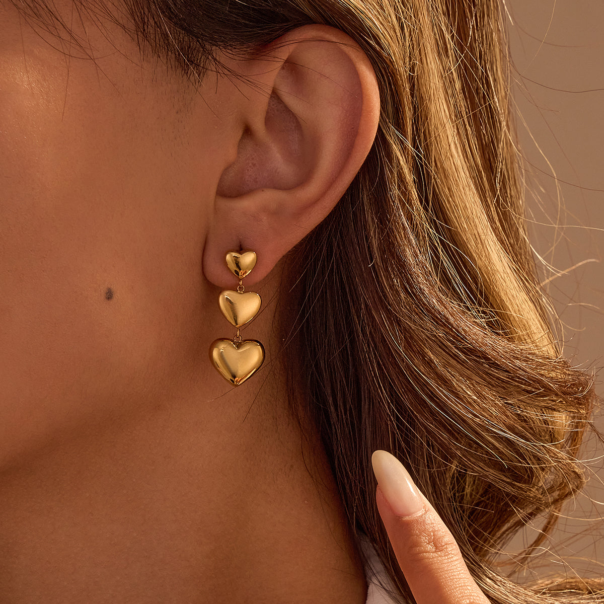 18K Gold Plated PVD Three Layers Long Heart Earrings for Women