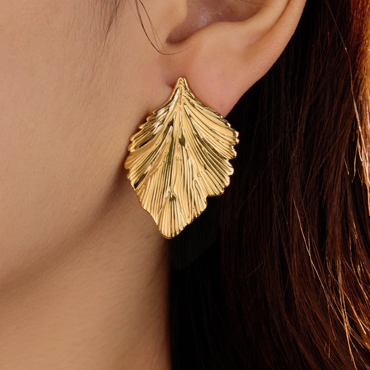 18K Gold Plated PVD Leaf Texture Stud Earrings for Women