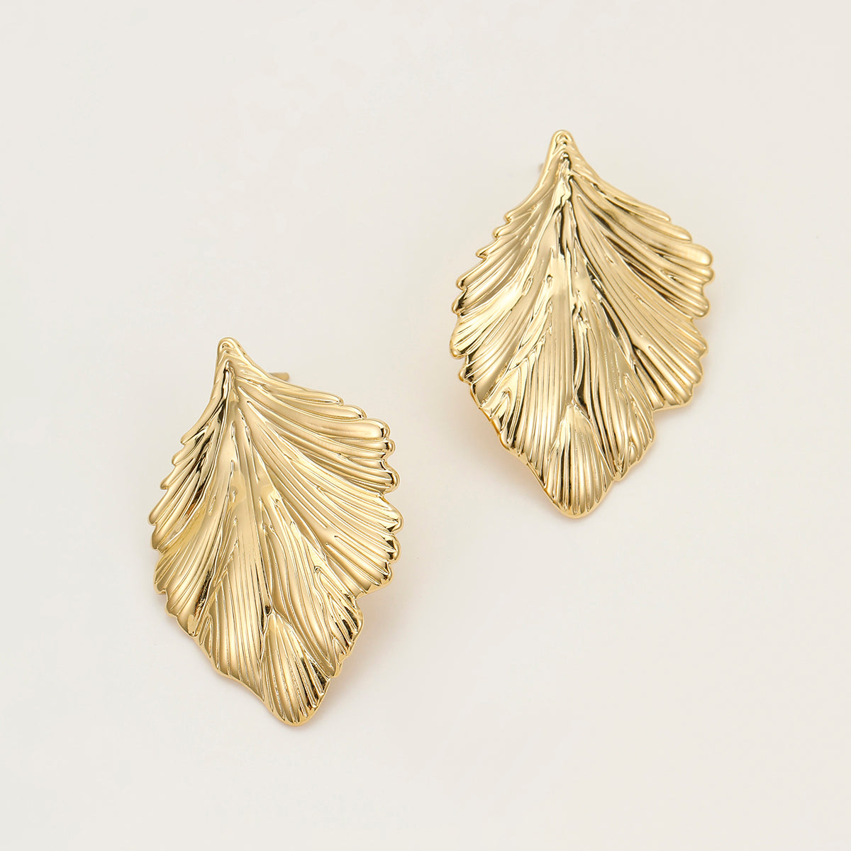 18K Gold Plated PVD Leaf Texture Stud Earrings for Women