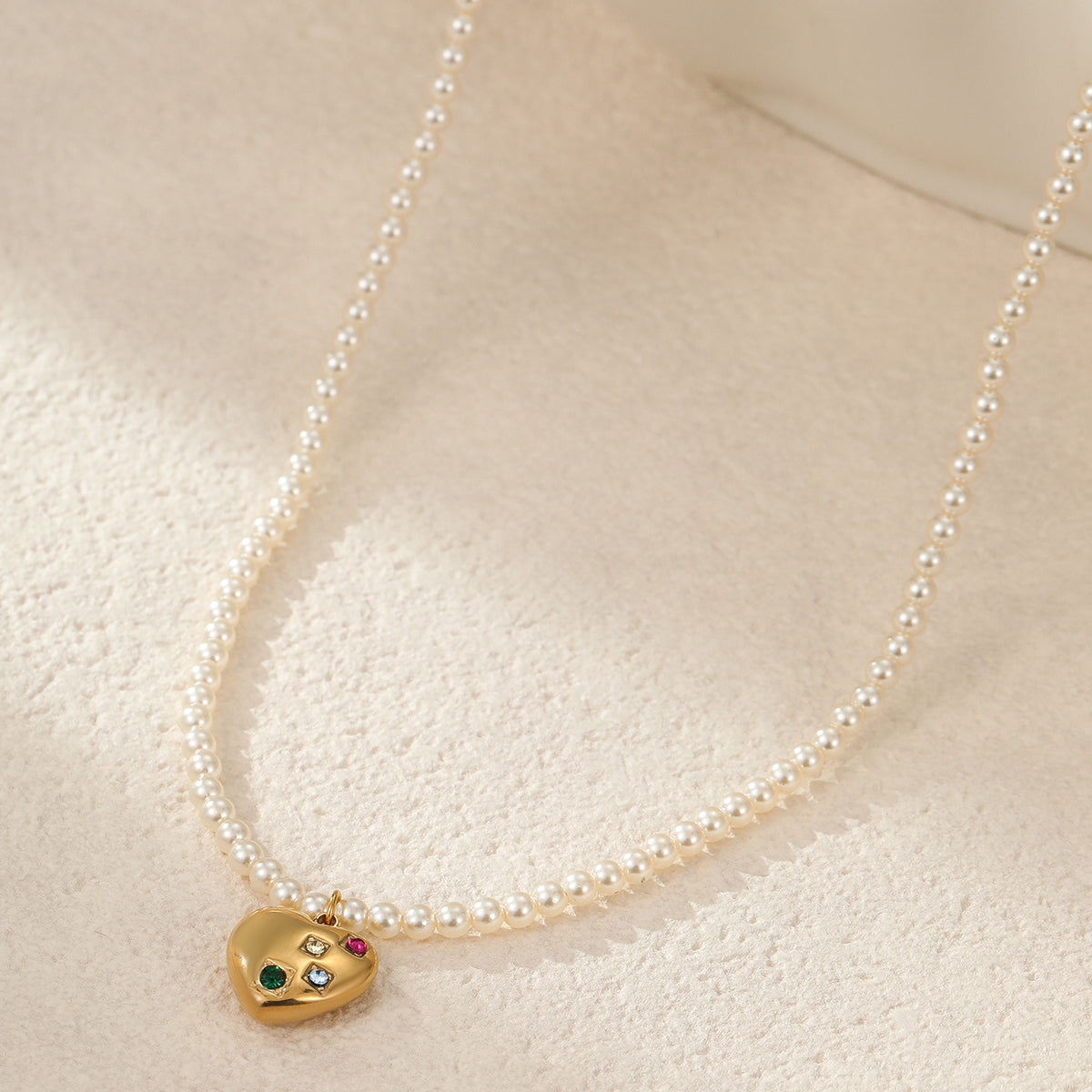 18k Gold Plated Dainty Pearl Beaded Necklace with Gold Heart Pendant & Crystal Accents