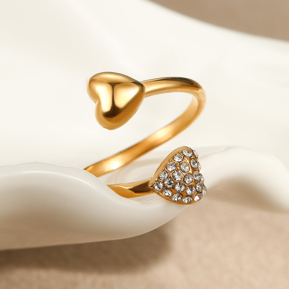 18K Gold Plated Stainless Steel Asymmetric Rhinestone Heart Ring