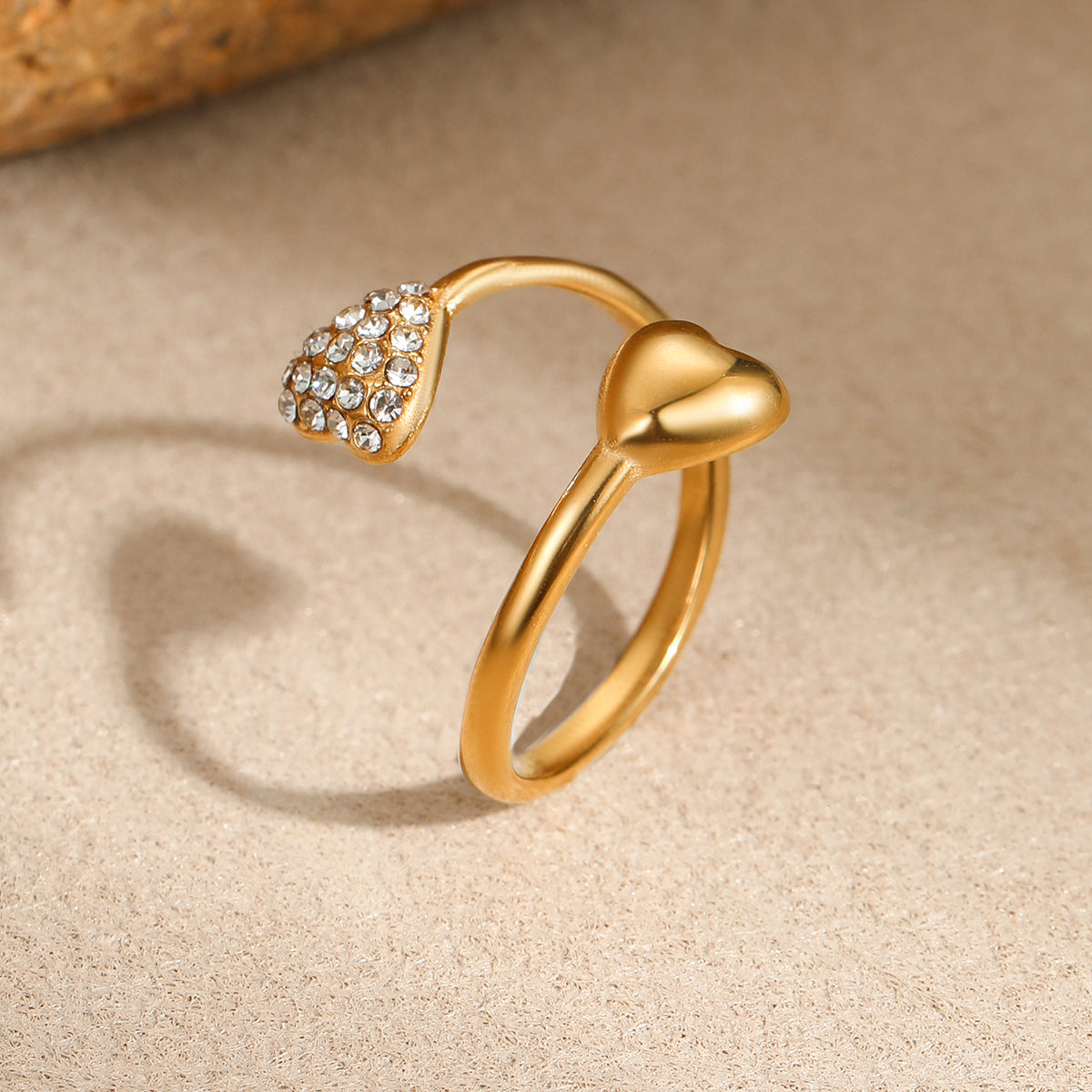 18K Gold Plated Stainless Steel Asymmetric Rhinestone Heart Ring