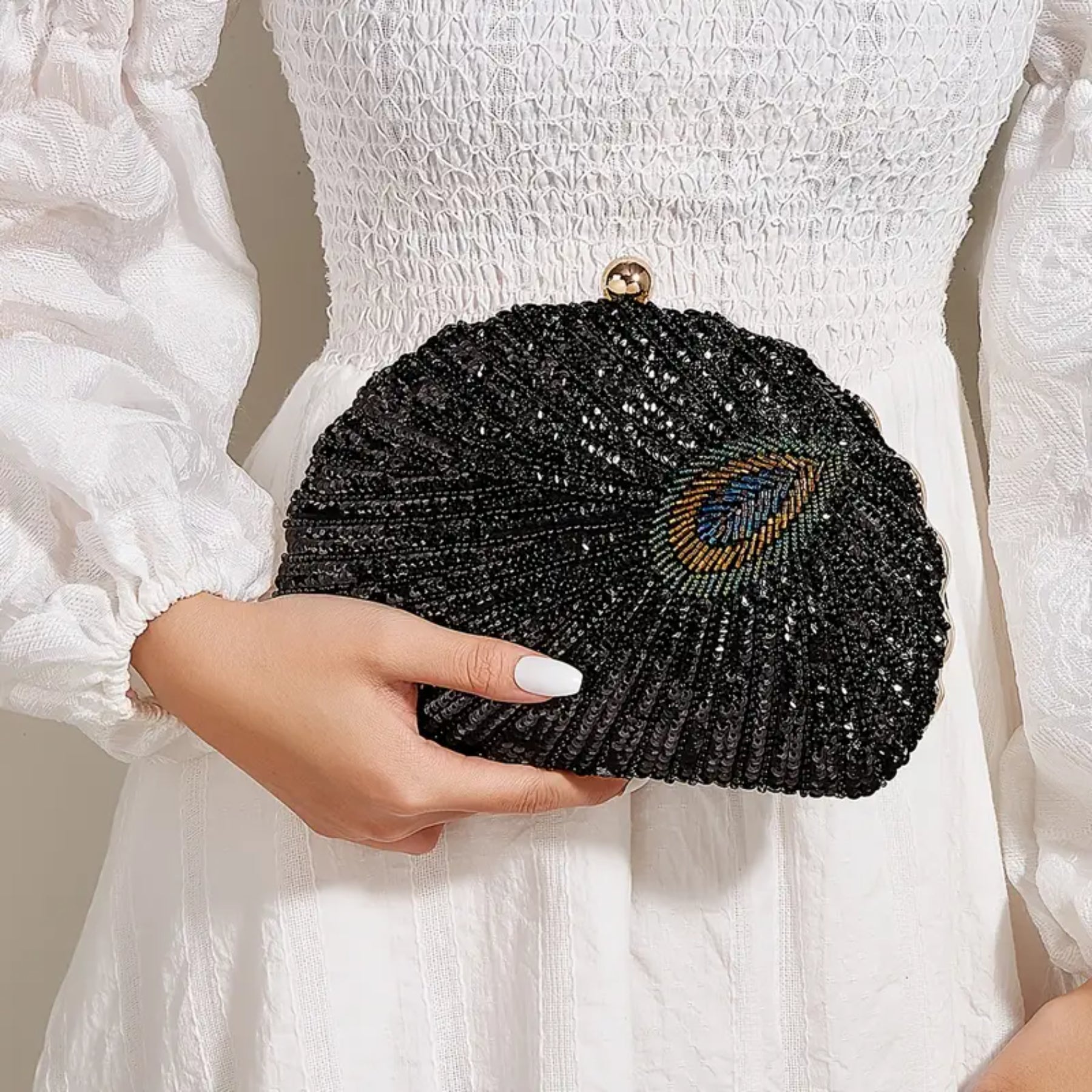 Elegant Peacock Feather Sequin Evening Clutch with Removable Strap