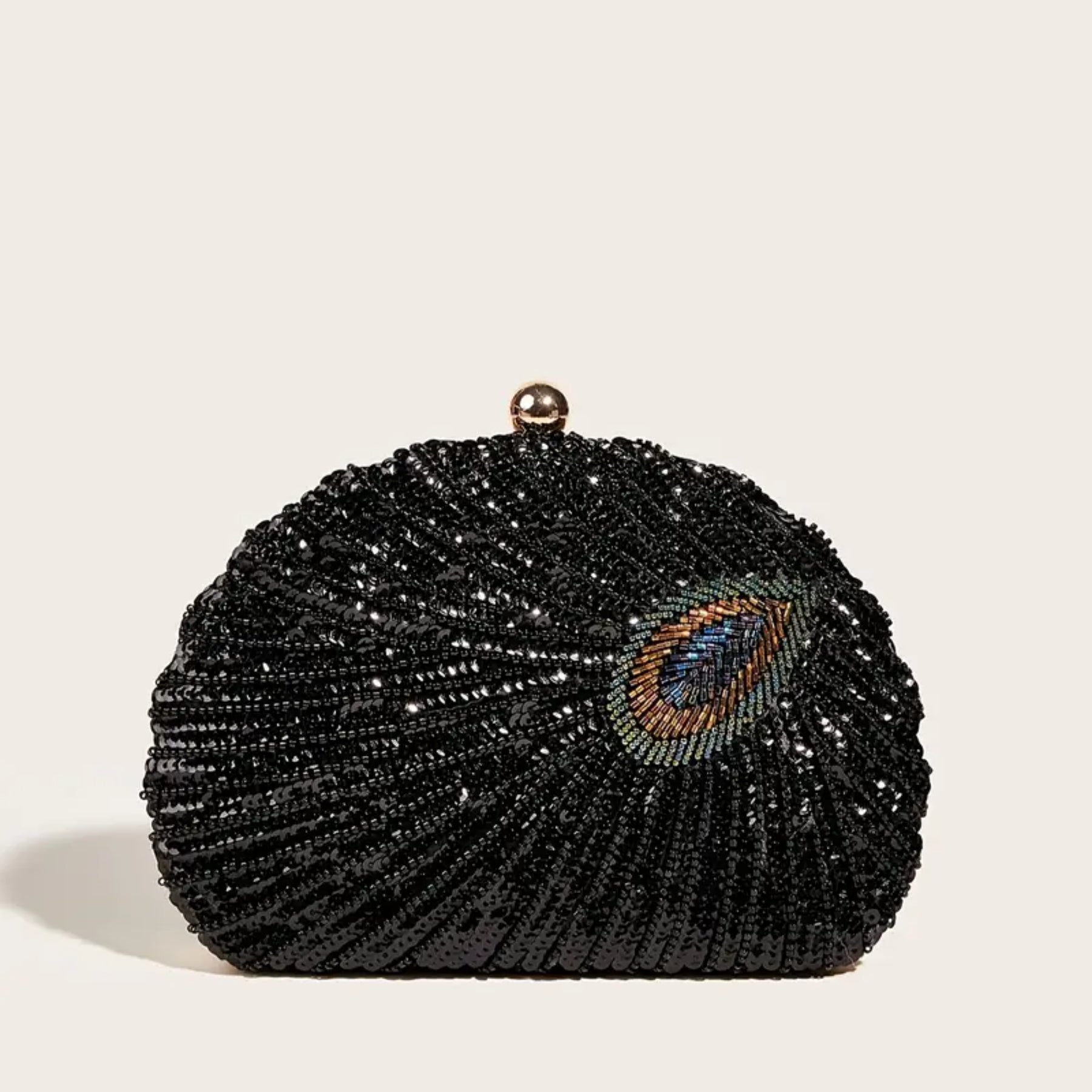 Elegant Peacock Feather Sequin Evening Clutch with Removable Strap