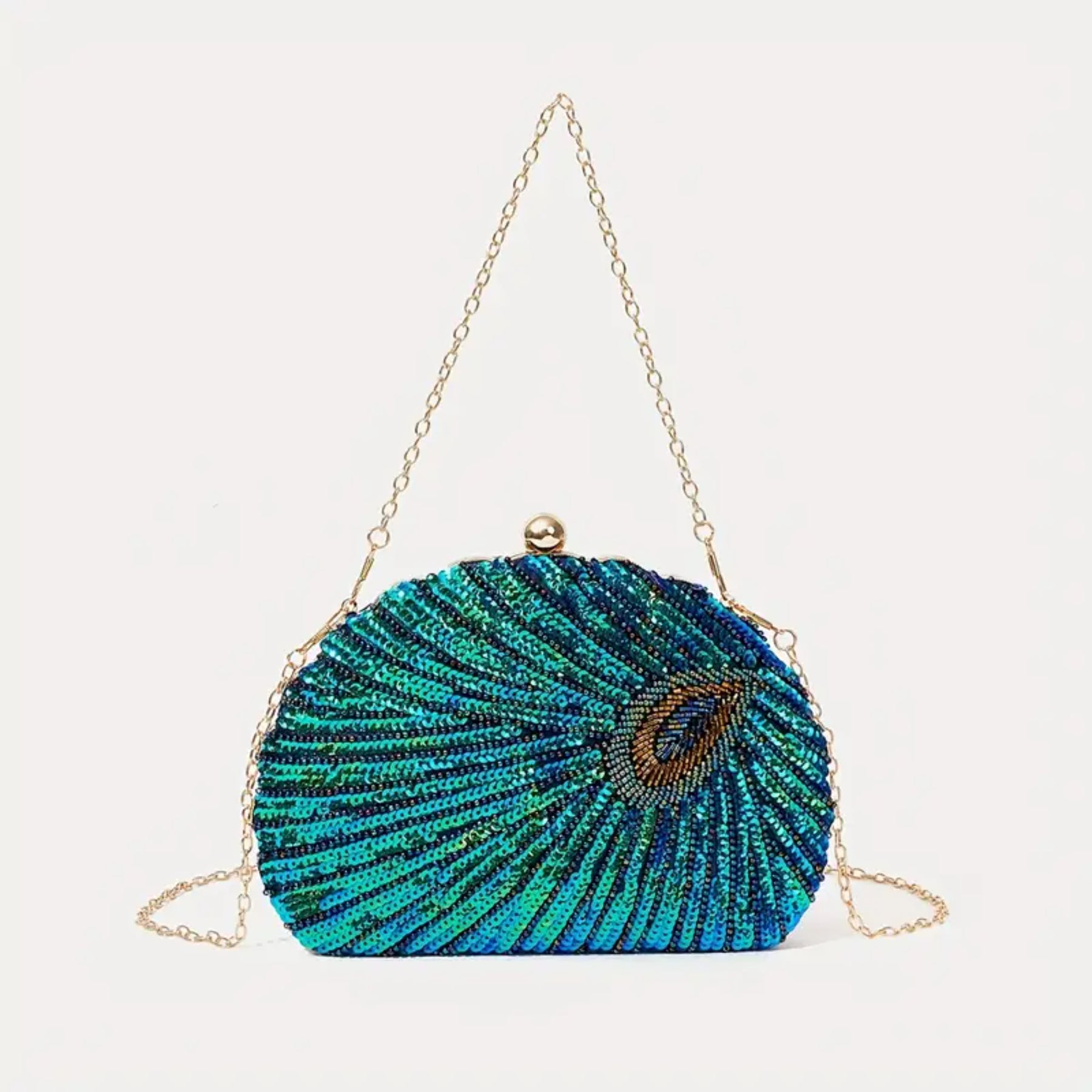 Elegant Peacock Feather Sequin Evening Clutch with Removable Strap